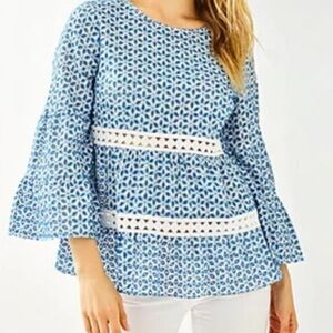 Lily Pulitzer Zazie top Mr Peacock Blue Zanzibar Eyelet Size M